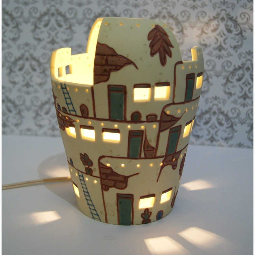 Ceramic Village Lamp with Brown and Cream Accents
